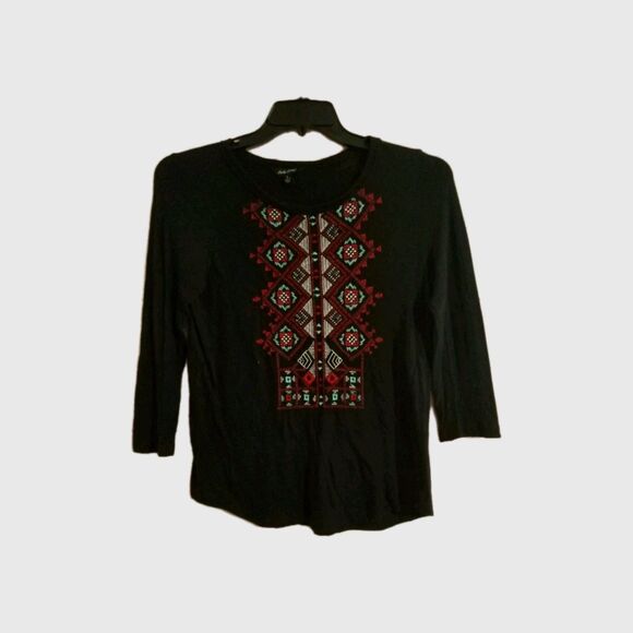 Lucky Brand Lucky T- Shirt Top Size Small  Geometric Embroidered 3/4 Sleeve - Picture 1 of 4